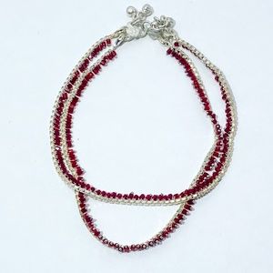 Authentic Dainty Silver & Red Payal Anklet Set of Two Attached With Small Bells